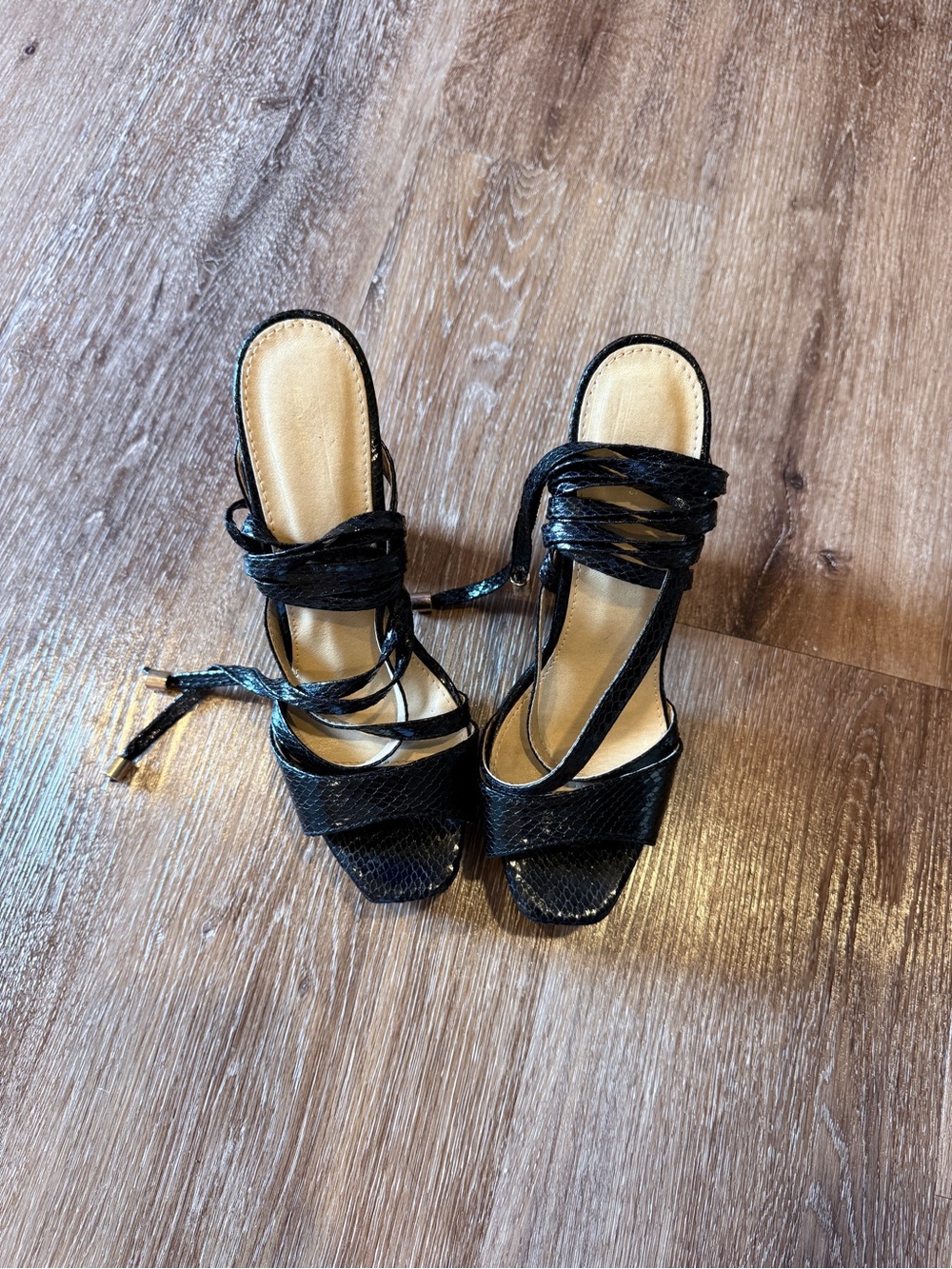 PrettyLittleThing Black Strappy Lace-Up Heeled Sandals